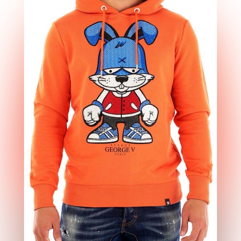 Avenue George V Paris Men's Hoodie Orange Sweatshirt Rhinestone Bunny
